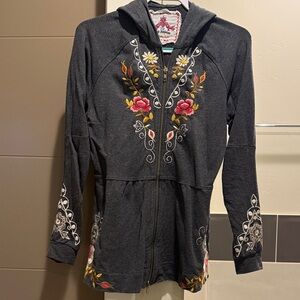 Johnny Was Charcoal Hoodie with Floral Embroidery